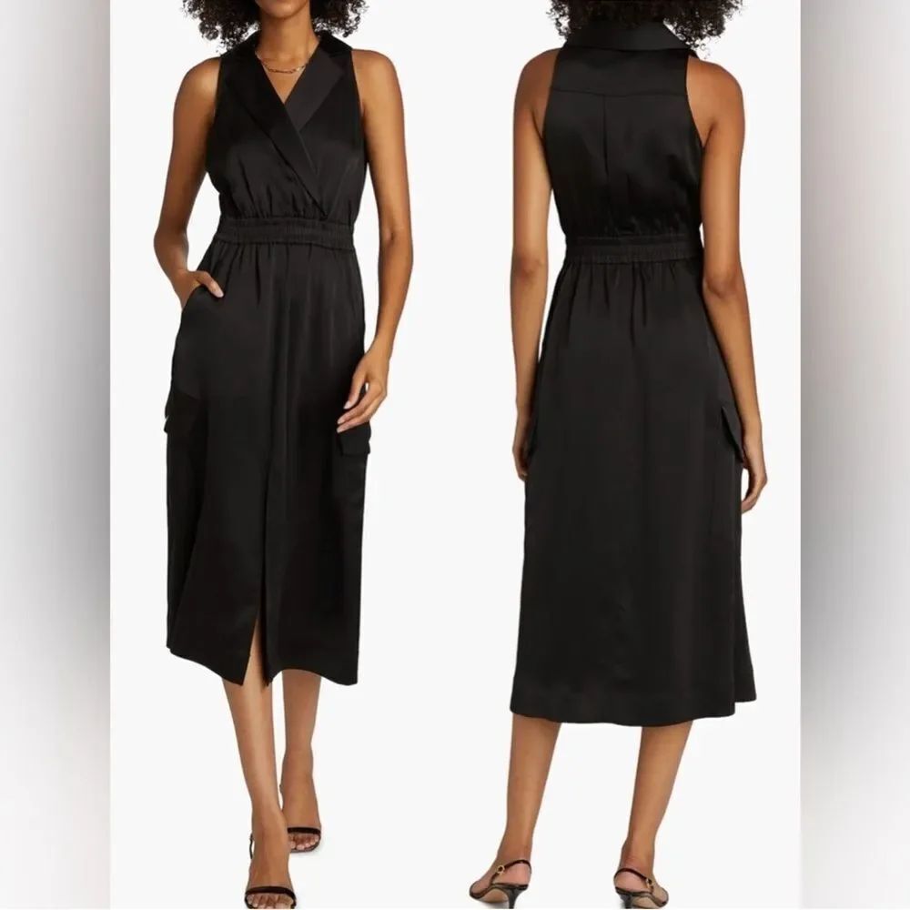 Ramy Brook Nikia Sleeveless Black Satin Midi Dress Sz L
